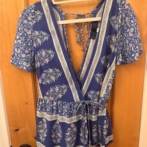 Floral V-Neck Blue Women's Blouse with Tie Waist